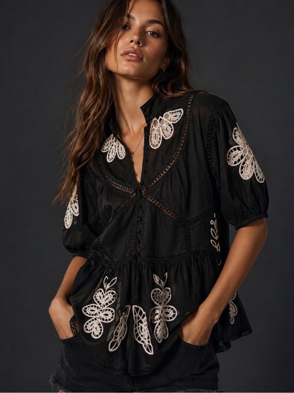 Anthropologie x Forever That Girl Embroidered Short Sleeve High Neck Top